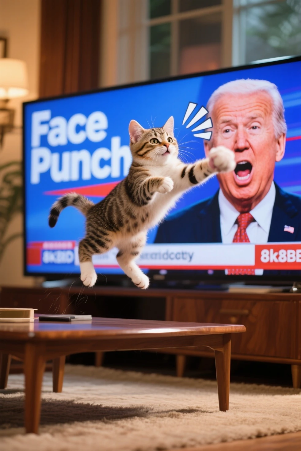 最High Quality,4K,8k,high definition,masterpiece:,ultra detail,masterpiece, High Quality, Natural lighting,dramatic、face punch、cat punch、kitten、jump、TV news、kittenがjumpしてTV画面の政治家の顔面にパンチ、Comical、satire、society、Comedy、cute、