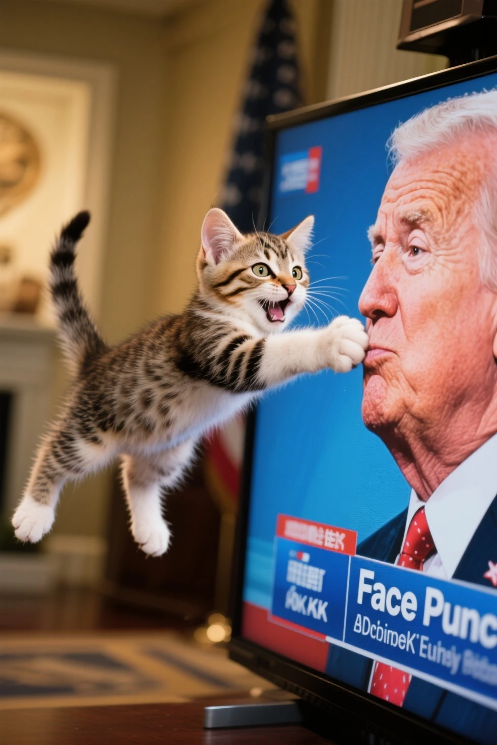 最High Quality,4K,8k,high definition,masterpiece:,ultra detail,masterpiece, High Quality, Natural lighting,dramatic、face punch、cat punch、kitten、jump、TV news、kittenがjumpしてTV画面の政治家の顔面にパンチ、Comical、satire、society、Comedy、cute、