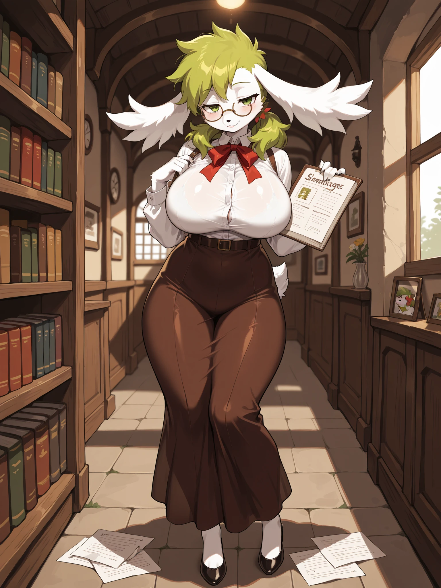 (masterpiece, best quality), hairy:1.3, snout:1.5, The second:1.3, hairy:1.2, snout:1.5, Amazing Quality, very aesthetic, absurd, highres, new , HDR-10, 8K, Cinematic, professional photo, a full body girl, (((Shaymin en forma de cielo:1.25))), animal ears, (white fur:0.86), big breasts, big breasts, (Small but curvy), long skirt, glasses, Alone , (((seductive expression))), (((dressed like a vintage librarian))), Gathering papers, flushed cheeks, afternoon library, detailed background, underground dispersion, translucent, brilliant, SSS, of the highest quality, atmospheric haze , Illusp0s , (super quality:1.2),