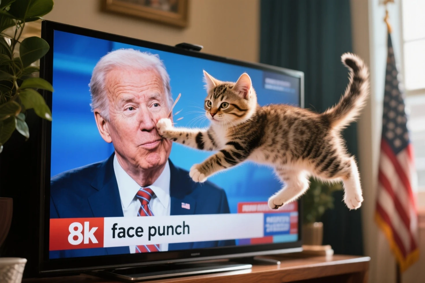 最High Quality,4K,8k,high definition,masterpiece:,ultra detail,masterpiece, High Quality, Natural lighting,dramatic、face punch、cat punch、kitten、jump、TV news、kittenがjumpしてTV画面の政治家の顔面にパンチ、Comical、satire、society、Comedy、cute、