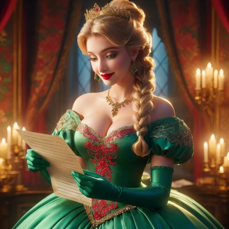 Fairytale 3D and animation 3D big breast cover with gown big hip cover with dress, Beside her the realism green male monster standing a big smile from behind her ,position heroine pose, the juggle background photoshoot selfie together.