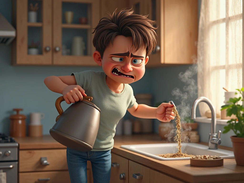 A sleepy character named Bob, dressed in pajamas, stumbles into a cozy kitchen early in the morning, Bob stands in front of the coffee maker in the kitchen, looking confused. He accidentally presses a button, causing the coffee maker to eject coffee grounds in all directions. The scene shows coffee grounds flying through the air, making a comical mess. Bob’s expression is one of surprise and mild frustration