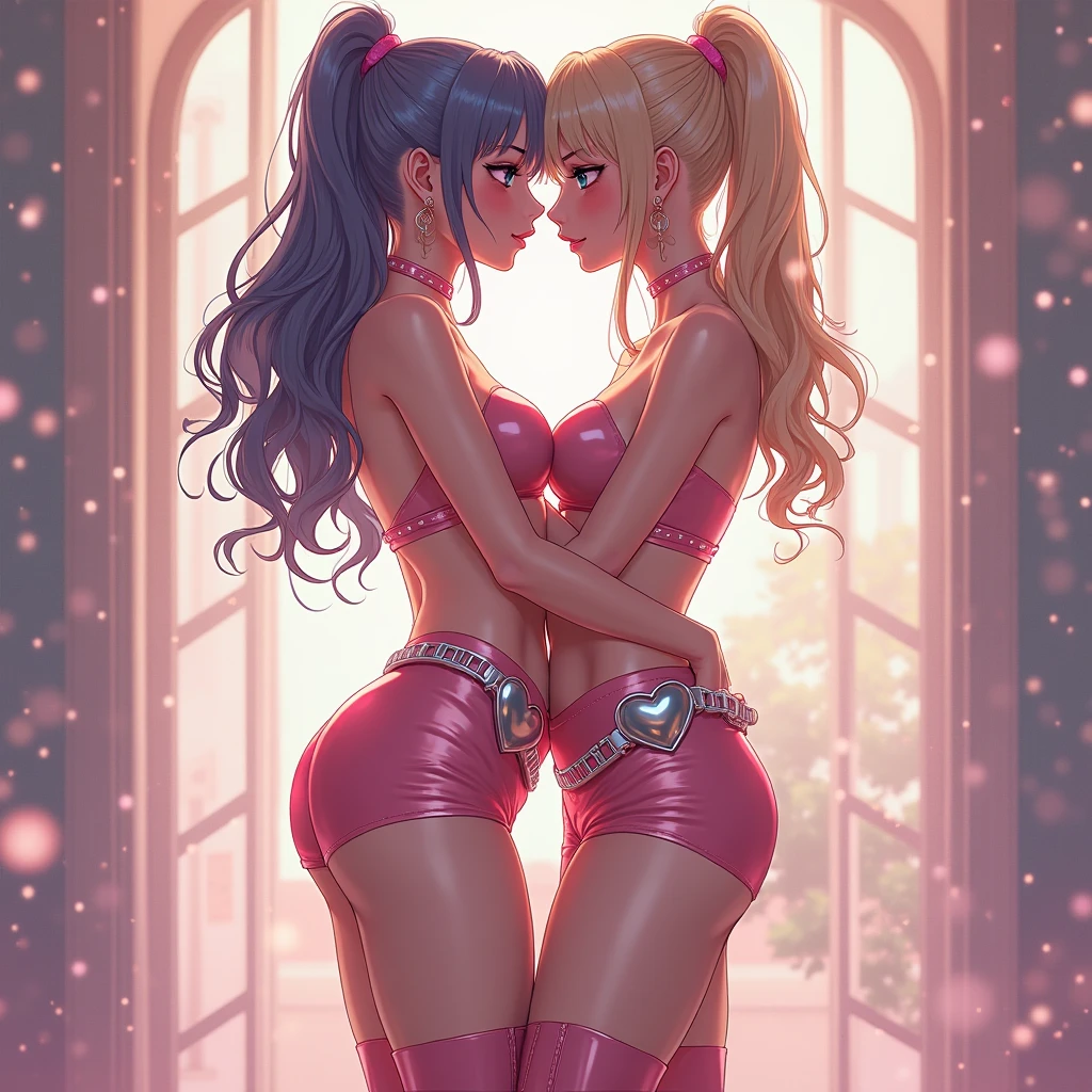 (((1girl))), (red hair), (extremely long hair), (curly hair), (ahoge), (blunt bangs), (twin pigtails), ((((dark skin)))), ((moonlight eyes)), ((vibrant eyes)), (accentuated super huge enormously gigantic , cleavage showing), (thick thighs), ((thick lips)), ((wide hips)), (thighhighs), (short shorts), ((pink)), ((lace)), ((long eyelashes)), super detailed, ((best quality)), highres, UHD, textured skin, (indoor)), luxurious bedroom, ((holding stuffed animal)), (((sexy seductive smile))), ((smug)), full of lights, Real Human, huge tit, ((bear ears)), ((((looking up)))), ((looking at viewer)), ((crop top t-shirt, short shorts)), ((tattoo sleeves and piercings)),
