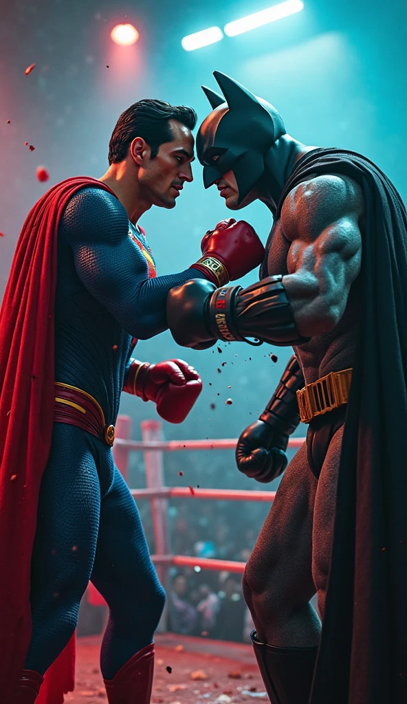 Boxing Match, Batman vs Superman, in the ring in boxing gloves, cruel faces, emotions of anger, grin, sweat, tension, active scene of striking the opponent, movement effect, blurred background from movement