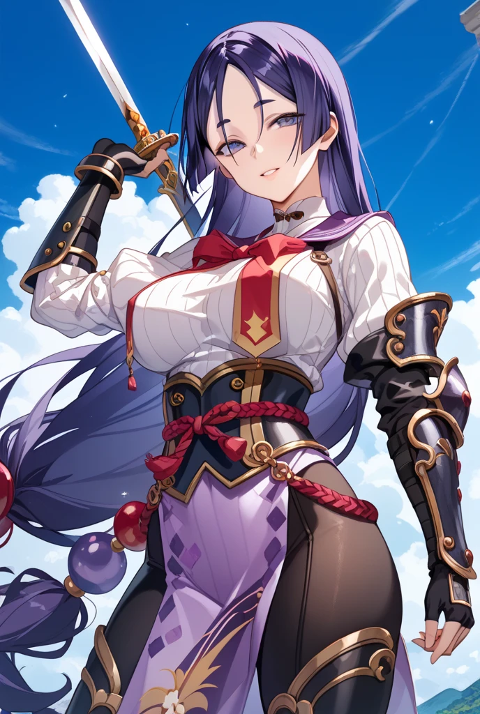 Raikou、Share、purple eyes、purple hair、long hair、princess cut、amount、
arm guard、armor、黒gloves、bodysuit、指なしgloves、gloves、Japanese Armor、instep 、Waist wrap、紫のbodysuit、Ribbed sleeves、Tabard、tone、　 and look to find　Draw the sword　Lightning attack