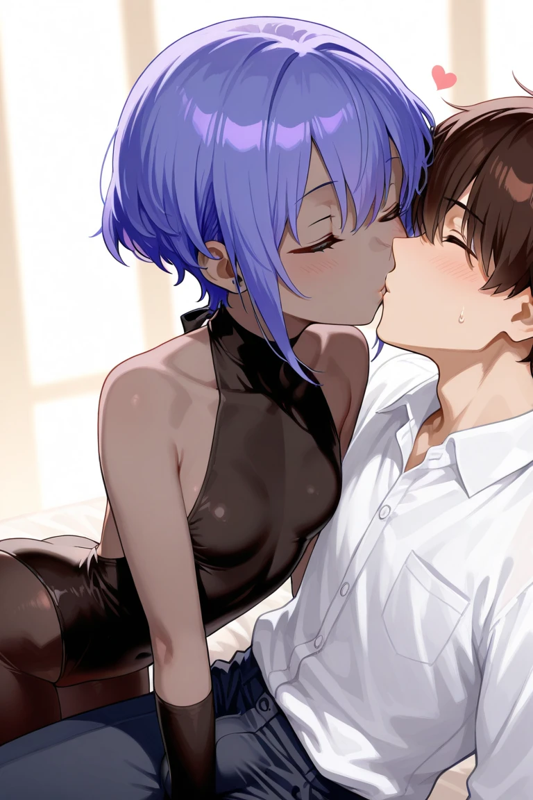 (man and woman kissing:1.6), (French kiss:1.6), (masterpiece, Best Quality, high resolution, nffsw, Perfect Pixel, depth of fields, 4K), , Perfect body, , (boy and girl:1.6), (2 human in picture:1.6) , jirou, short hair, purple hair, blunt bangs, sidelocks, , long earlobes, , pink shirt, torn shirt, black jacket, pants, , black choker,, (large boob:1.2) , nsfw,(ecstasy:1.3) ,(slut:1.2),(vulgarity:1.3),(fucked silly:1.1),(steam:1.1),(wet:0.8),(trembling:0.8),(tears:0.7) ,(drooling:0.6),(sweat:0.8), wince,(orgasm:1.5), , (nipples:1.4), , ,,(hardcore,sex:1.4), (blush:1.6) , bed room, night, (closed eyes:1.4)