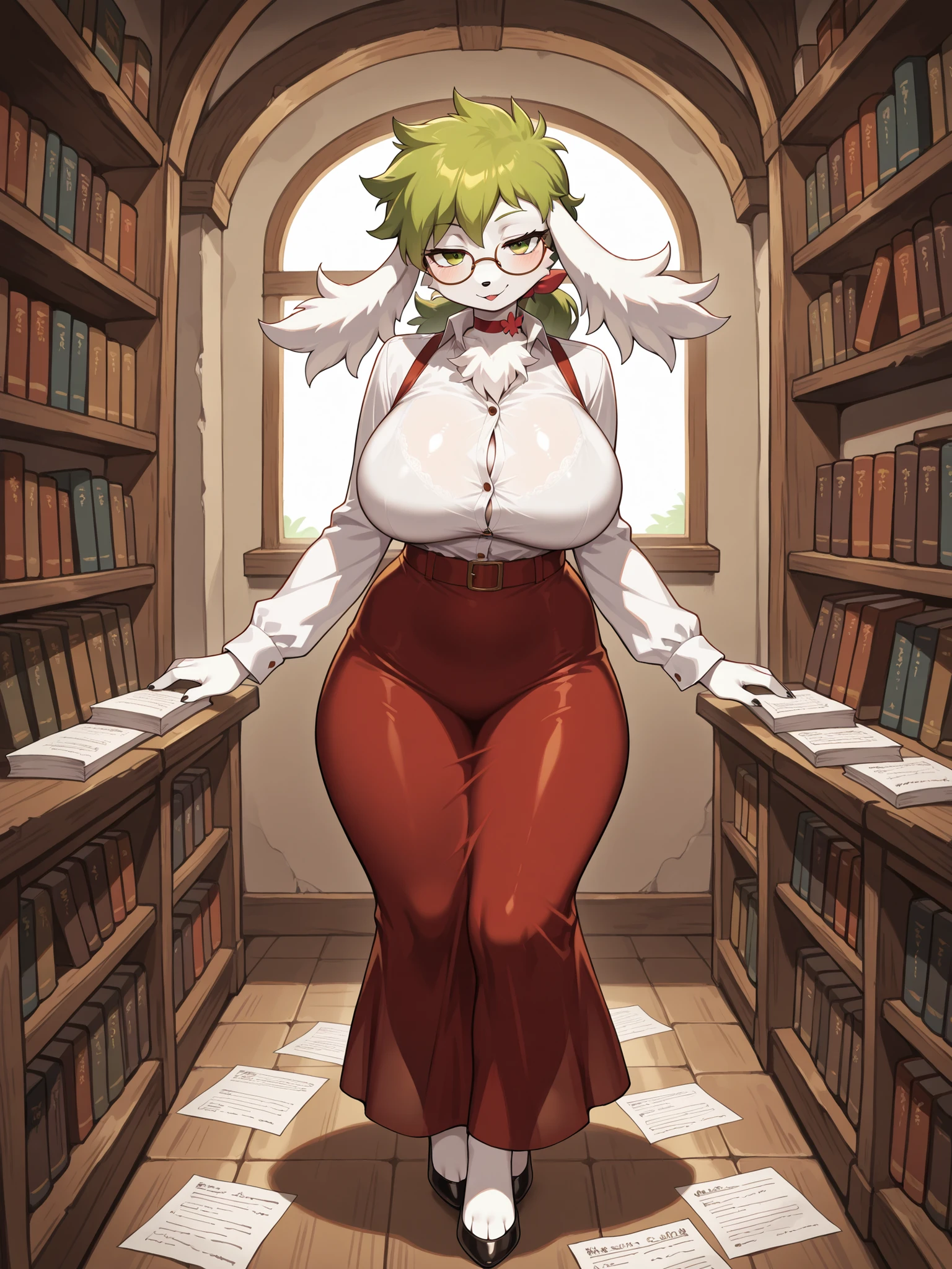 (masterpiece, best quality), hairy:1.3, snout:1.5, The second:1.3, hairy:1.2, snout:1.5, Amazing Quality, very aesthetic, absurd, highres, new , HDR-10, 8K, Cinematic, professional photo, a full body girl, (((Shaymin en forma de cielo:1.25))), animal ears, (white fur:0.86), big breasts, big breasts, (Small but curvy), long skirt, glasses, Alone , (((seductive expression))), (((dressed like a vintage librarian))), Gathering papers, flushed cheeks, afternoon library, detailed background, underground dispersion, translucent, brilliant, SSS, of the highest quality, atmospheric haze , Illusp0s , (super quality:1.2),