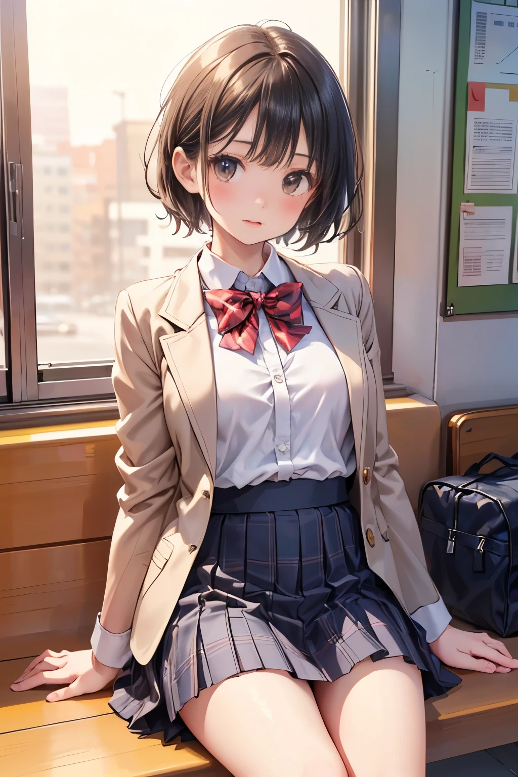 (school uniform and blazer and cardigan and jacket and long sleeves and pleated skirt and white shirt over naked:1.4), 15 years old very cute girl, whimpering, view from the front, spread crotch, sitting on a train seat, BREAK (8k, RAW photo, best quality, masterpiece:1.2), ultra detailed, ultra high res, (realistic, photo realistic:1.37), high detail RAW color photo, professional photograph, depth of field, extremely delicate and beautiful, extremely detailed, Amazing, finely detail, huge file size, official art, extremely detailed face, extremely detailed eyes, extremely detailed skin, extremely detailed fingers, extremely detailed nose, extremely detailed mouth, extremely detailed nipple, extremely detailed pussy, extremely detailed anus, perfect anatomy, extremely detailed clothing, realistic body, fair skin, shiny skin, cute face, baby face, realistic face, beautifully detailed eyes, beautiful and clear eyes, highly detailed background, (nsfw), short hair, brown hair, messy hair, tired hair, blunt bangs, kawaii,