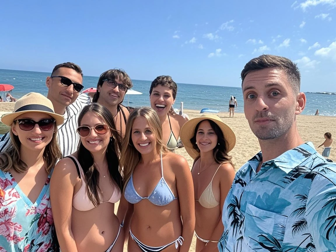 a handsome Jewish men on a beach surrounded by Jewish women