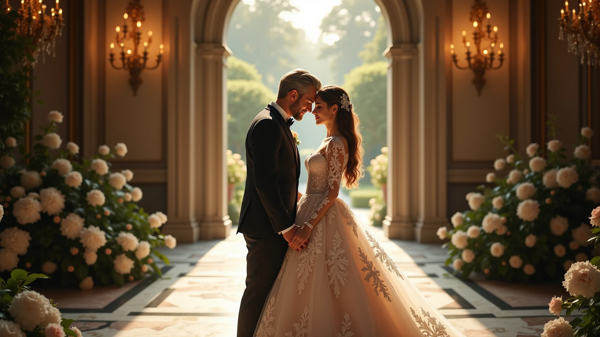 (Best quality, High definition, Masterpiece:1.2,), illustration, Night, 1girll, full bodyesbian, (Wedding dress), arm behind back, waiting for kiss, view the viewer, cheerfulness, Blush,