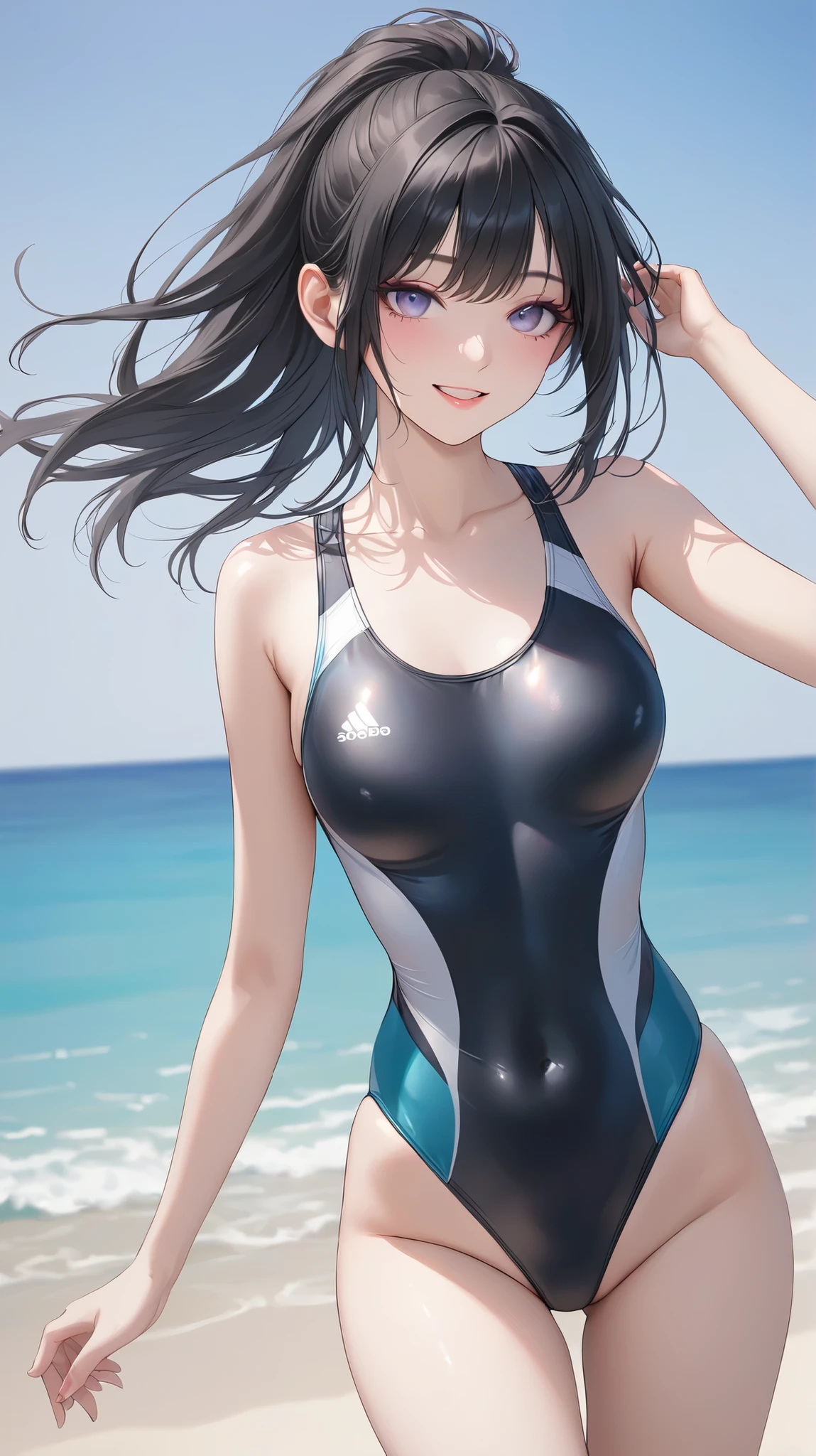 Vintage 90's anime style. Shy Somber moaning woman wearing a mask with black hair wearing a tight blue sports bra at the beach adjusting her sweater. She is staring at the beach and pondering about life. by Hajime Sorayama, Greg Tocchini, Virgil Finlay, sci-fi, colors, neon lights --auto