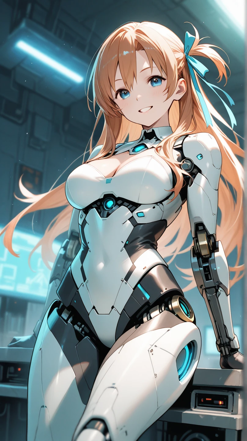 (masutepiece:1.3), High resolution, ultra-detailliert, the Extremely Detailed CG Unity 8K Wallpapers, Realistic, Photorealsitic, Raw photo, beautifull detailed face, pale skin, realistic glistening skin, Detailed Cloth Texture, detailed hair texture, Perfect body, Beautiful face, 准确, Anatomically correct, Highly detailed face and skin texture, Natural neck length, (Beautiful hands), (Fair skin:1.2), thin legs, Thin feet,
BREAK,
Detailed eyes, symmetrical eye, Light brown eyes, Double eyelids, Thin eyebrows, (Glossy lips:1.4), (gently smiling:1.2),
BREAK,
Combat cyborg、Machine body、weapons all over her body、front facing、Headset connected to a myriad of electrodes、((White bodysuit))、((tight fitted))、nffsw、Under maintenance、A dark-haired、Brown hair、silber hair、a blond、Blue-haired、blue eyess、Brown-eyed、red eyes、(Mechanical joint:1.4)、((Limbs of the machine))、(Blood vessels connected to countless tubes)、((Vertebrae of a machine attached to the back))、((Mechanical cervical spine)Attached to the neck)
(medium large breasts, Slender figure, Firm abs, firm breasts:1.1), Beautiful collarbone,
(Blonde hair, Wavy Hair, Long hair:1.2), ((asymmetrical bangs:1.2)),
(Cowboy Shot:1.2),