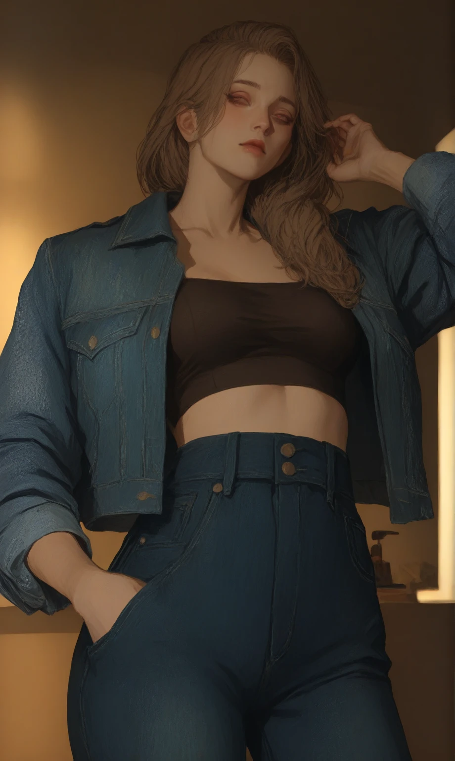 highres, masterpiece, perfect lighting, bloom, cinematic lighting, adult, female, looking at viewer, cowboy shot, xivstreetjacket,
