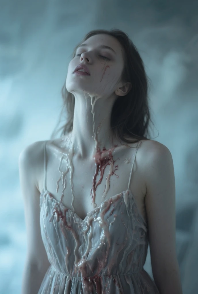 Masterpiece, high-quality animation, realistic aesthetic photo, (HDR:1.2), pore and detailed, intricate, detailed textures, graceful and beautiful scary, RAW photo, 16K, sharp focus, cinematographic lighting, ((blick night)), (front view), snow, woman dressed as a cadaver bride, crying sliding on the snowgound, glass art, glass dark and cold nights with a dark look horror stories