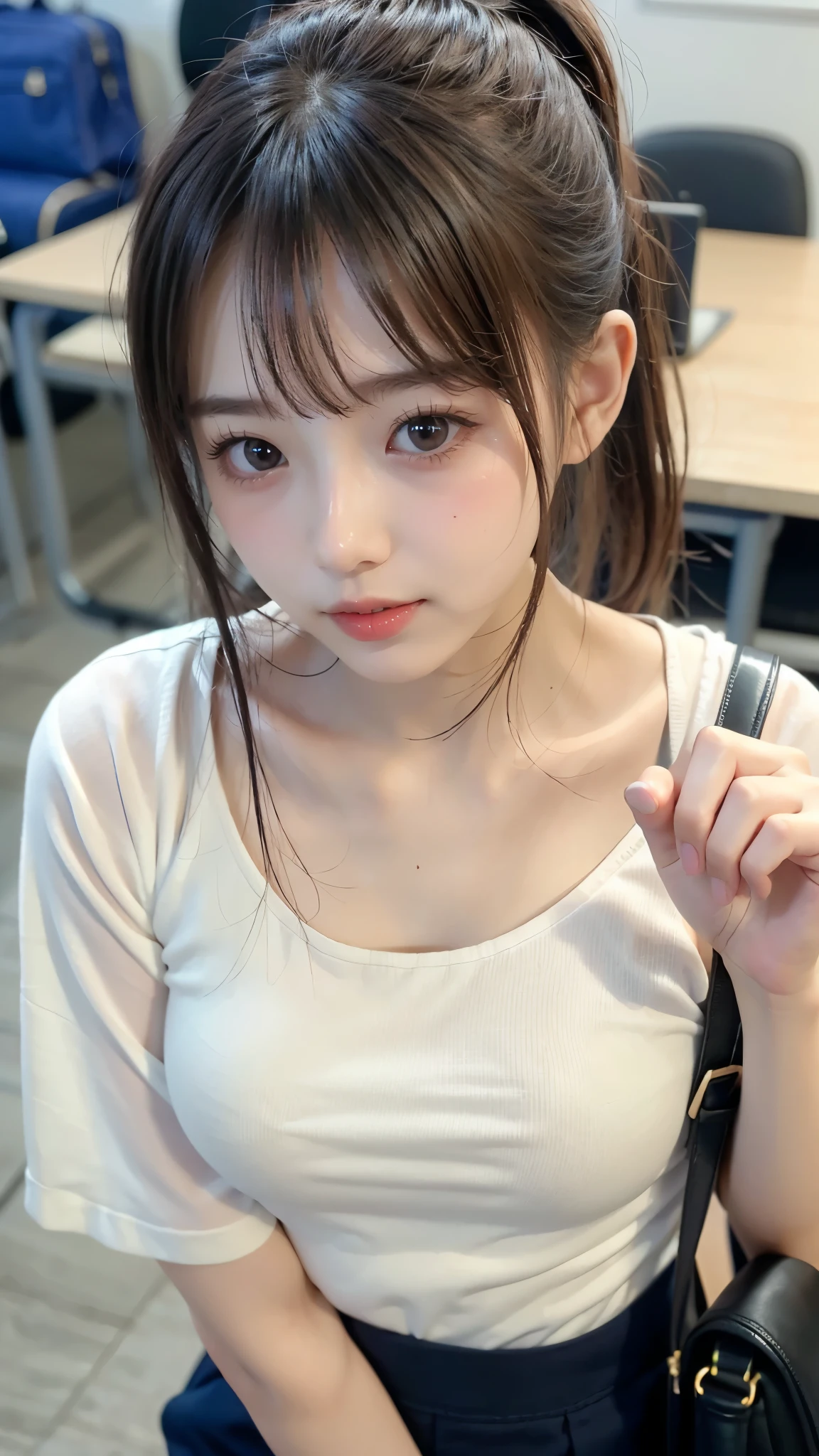 (Beautiful girl with accentuated breasts、Breast bag:1.2)、(round neck clothes)、slender body line、Tight waist、(beautiful small face、High nose、sexy lips:1.2)、ponytail、long side bangs、Highest Quality、8K、 RAW photos 、(detailed eyes and faces between desks:1.2、professional photography techniques)、(see viewer、Mischievous Smile:1.2)、(detailed hands:1.3, perfect right hand:1.3)