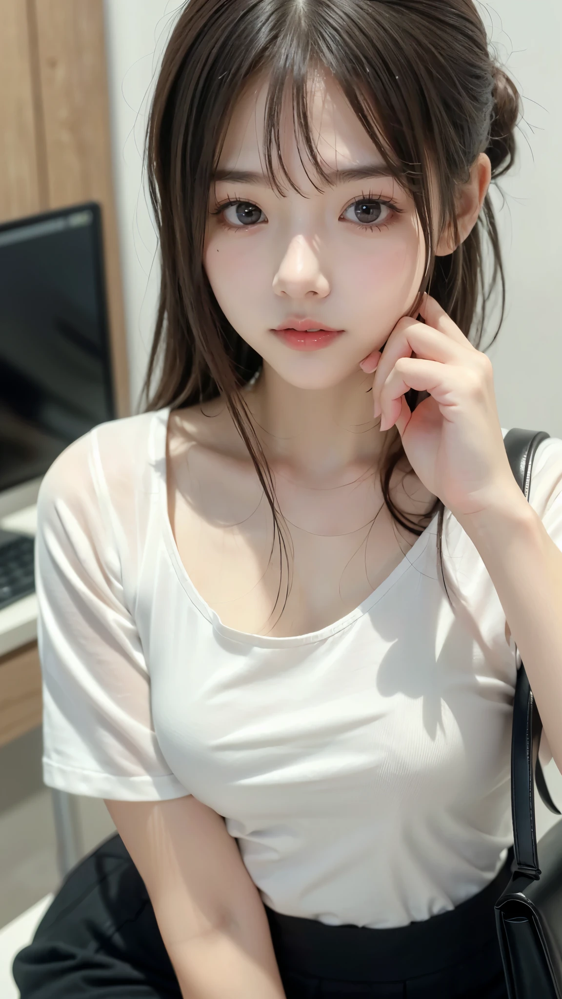 (Beautiful girl with accentuated breasts、Breast bag:1.2)、(round neck clothes)、slender body line、Tight waist、(beautiful small face、High nose、sexy lips:1.2)、ponytail、long side bangs、Highest Quality、8K、 RAW photos 、(detailed eyes and faces between desks:1.2、professional photography techniques)、(see viewer、Mischievous Smile:1.2)、(detailed hands:1.3, perfect right hand:1.3)