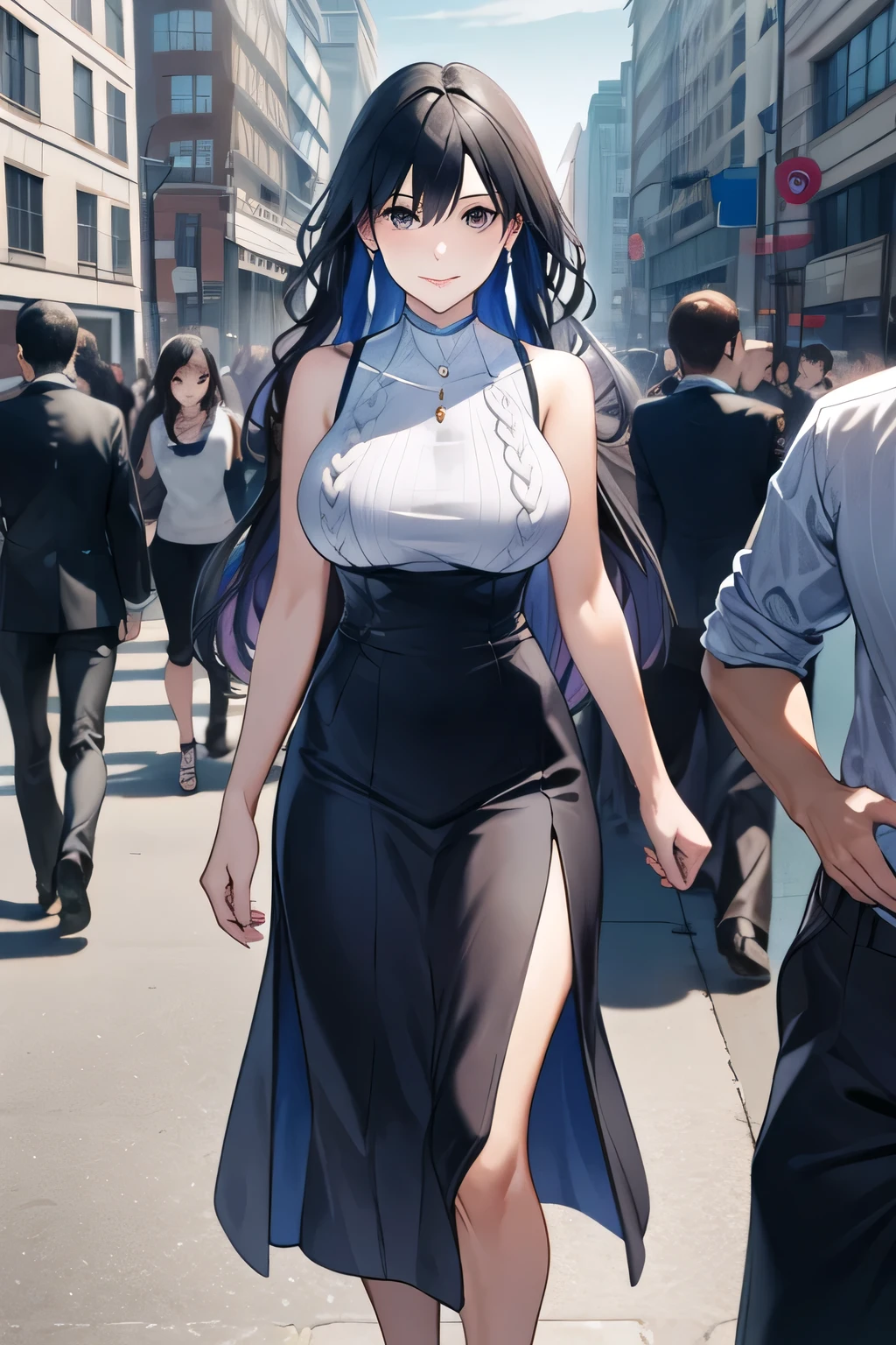 A woman with a lovely smile,Can you draw a sleeveless dark blue long dress,Big Breastsでもウエストが細い,{{X}},depicts her expression more delicately,walking alone, city tour ,,(((She wears casual tourist style clothes))), I have a SLR camera ,(Let's draw a more delicate look),(sleeveless wool sweater),( Pleated Legs,white panties),(That work is enough for one person {X} is very important for work)、 That's all it takes,frown。unless the job requires it。 {X}、 , Attractive 40-year-old adult woman jumps off her uniform, Big black wavy hair, , Big Breasts, thin waist , , ,