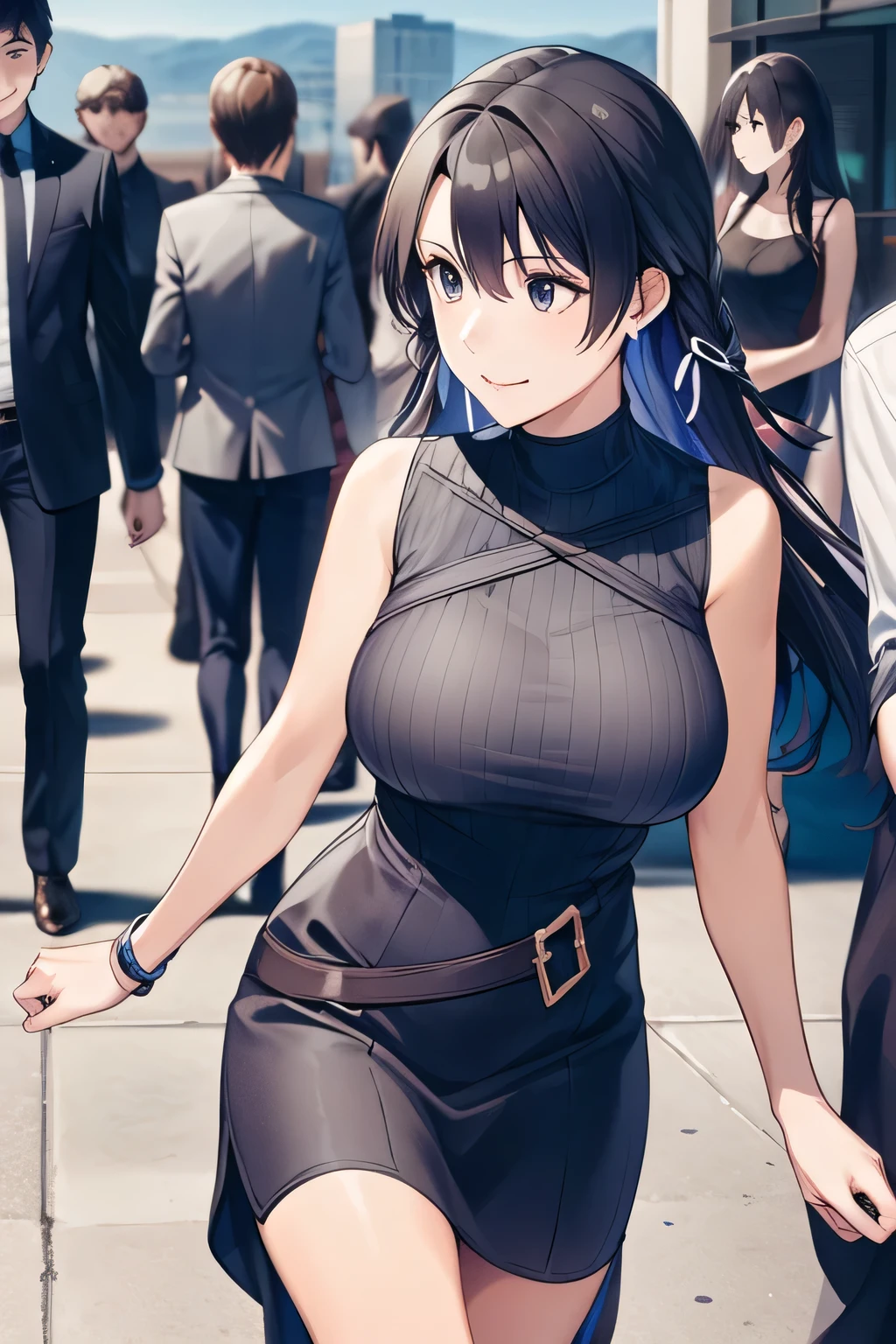 A woman with a lovely smile,Can you draw a sleeveless dark blue long dress,Big Breastsでもウエストが細い,{{X}},depicts her expression more delicately,walking alone, city tour ,,(((She wears casual tourist style clothes))), I have a SLR camera ,(Let's draw a more delicate look),(sleeveless wool sweater),( Pleated Legs,white panties),(That work is enough for one person {X} is very important for work)、 That's all it takes,frown。unless the job requires it。 {X}、 , Attractive 40-year-old adult woman jumps off her uniform, Big black wavy hair, , Big Breasts, thin waist , , ,