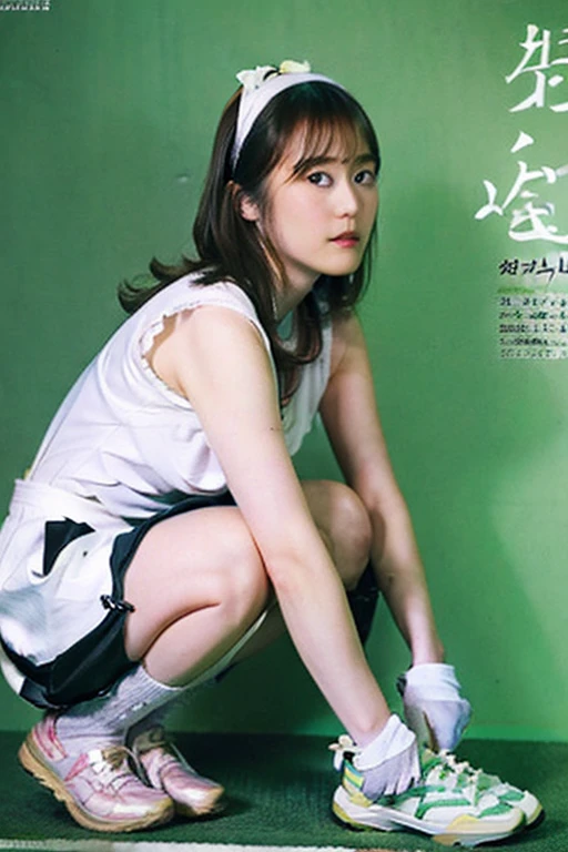 (8k, Top quality, Masterpiece:1.2), (Realistic, photo-realistic:1.37), Super detailed, perfect anatomy, cute, small eyes, 1, a Japanese, girl, mini skirt, slim legs, heels, squatting,