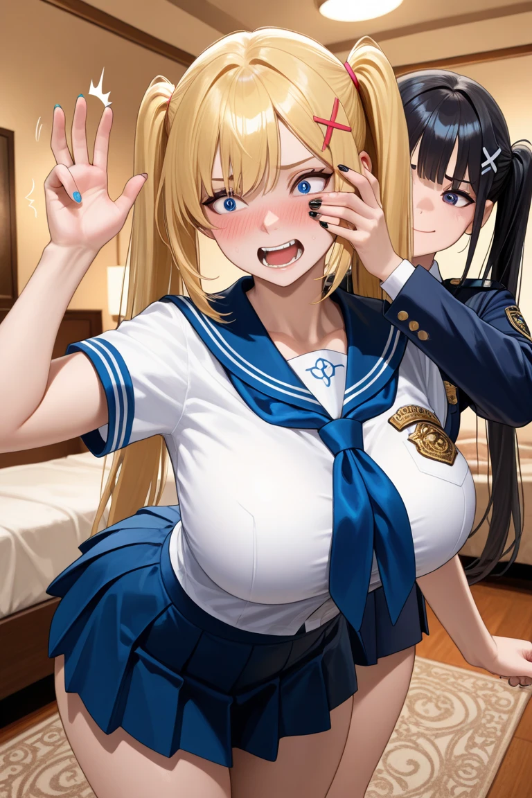 2girls, paizuri, penis between the breasts breasts squeezed together, my senpai and club president gives me a titfuck inside of the locker room, naughty senpai, cleavage, clothes lift, school uniform, bra lift, folded clothes, sweat, naughty face, pubic hair, senpai taking a picture using a smartphone