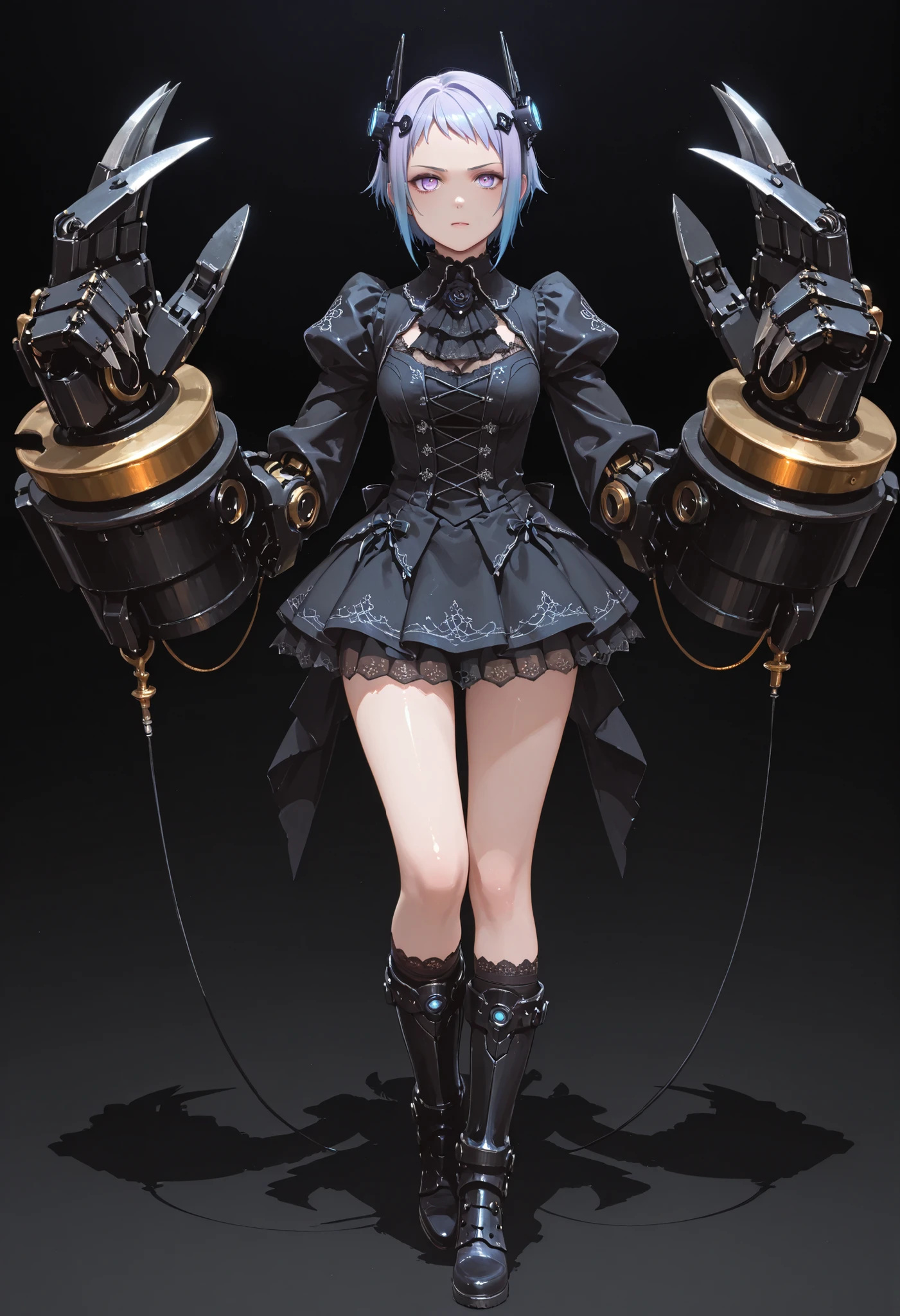 Girl with big arms. Short hair. Indigo hair. Mechanical hair ornament. Black gothic dress. Miniskirt. Mechanical arms. Asymmetrical arms. Sharp claws. One hand is the crane hook. Glowing tube leading to the body. Battleship gauntlet. Mechanical boots.