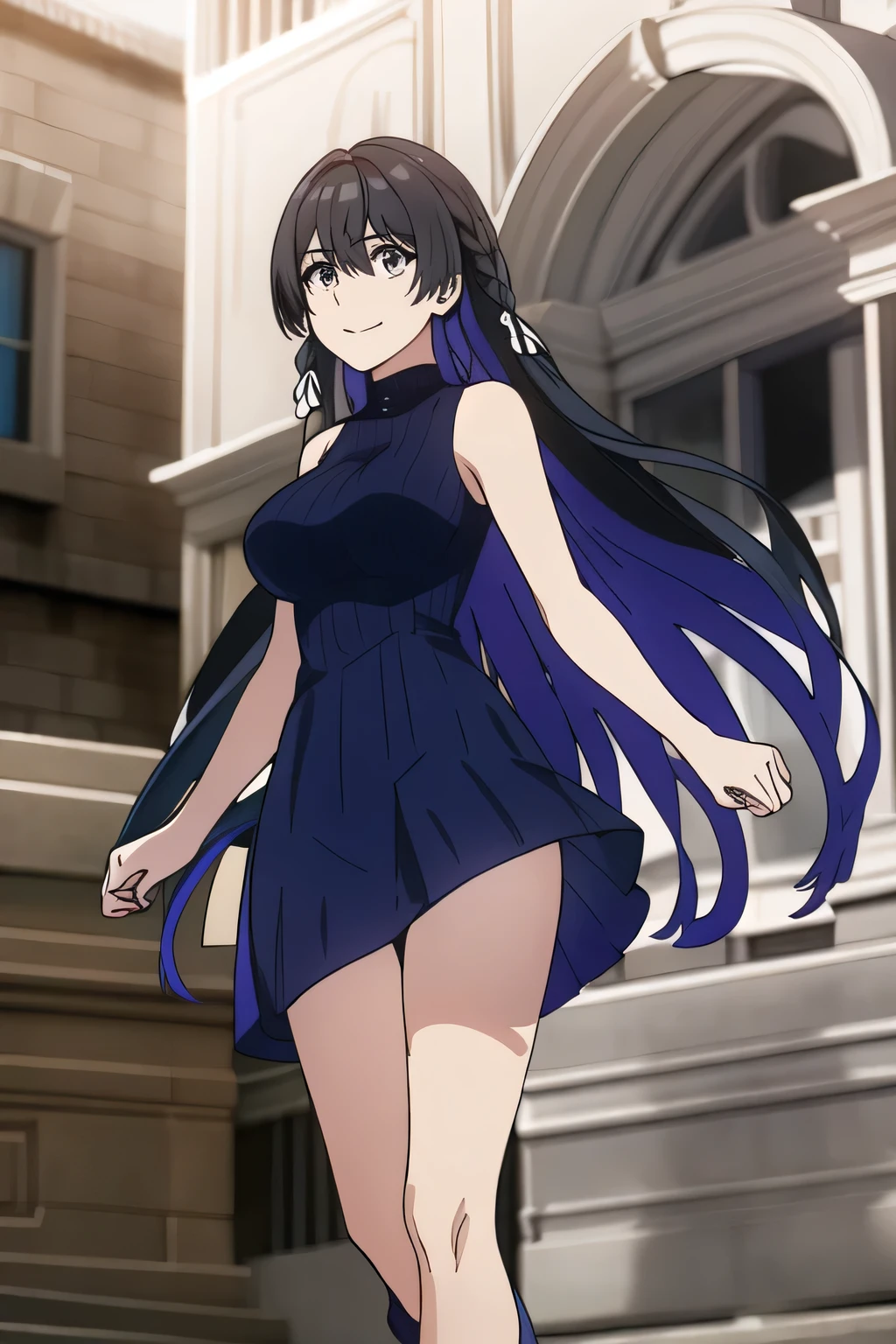 Can you draw a dark blue short dress, beautiful smiling woman ,Big Breastsでもウエストが細い,{{X}},depicts her expression more delicately,walking alone, city tour ,,(((She wears casual tourist style clothes))), I have a SLR camera ,(Let's draw a more delicate look),(sleeveless wool sweater),( Pleated Legs,white panties),(That work is enough for one person {X} is very important for work)、 That's all it takes,frown。unless the job requires it。 {X}、 , Attractive 40-year-old adult woman jumps off her uniform, Big black wavy hair, , Big Breasts, thin waist , , ,