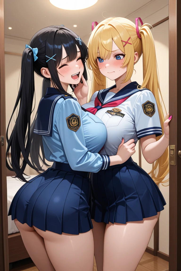 highest quality,wonderful,finely,extremely detailed CG Unity 8K wallpaper, (Stand in line:1.2), (3 girls, cute eyes, sailor uniform, clothed), (huge breasts), (open mouth:1.1), (long tongue:1.1), (mouth drool:1.1), (black stockings:1.1),(Thighs:1.1),(Waistline:1.1),(cleavage:1.2)