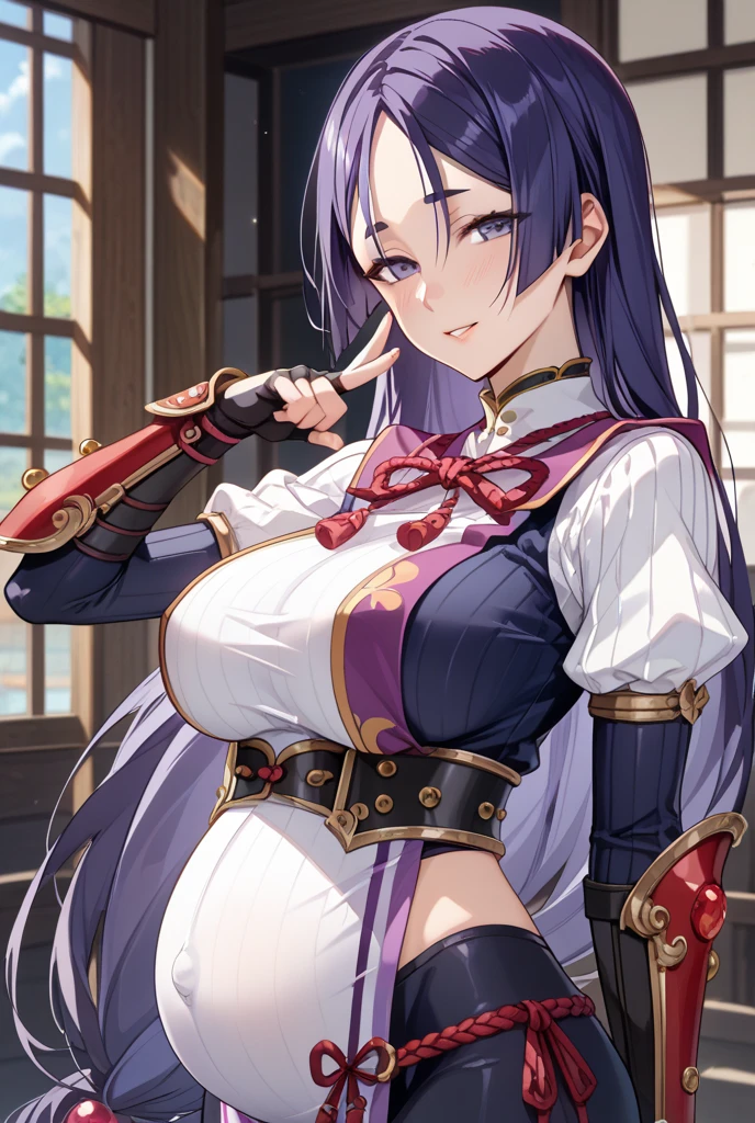 High detailed, 1 girl, indigo long hair, big busty, firm plump body, genetics uniform , Juliet sleeves, pencil red skirt, deep cleavage, Juliet sleeves