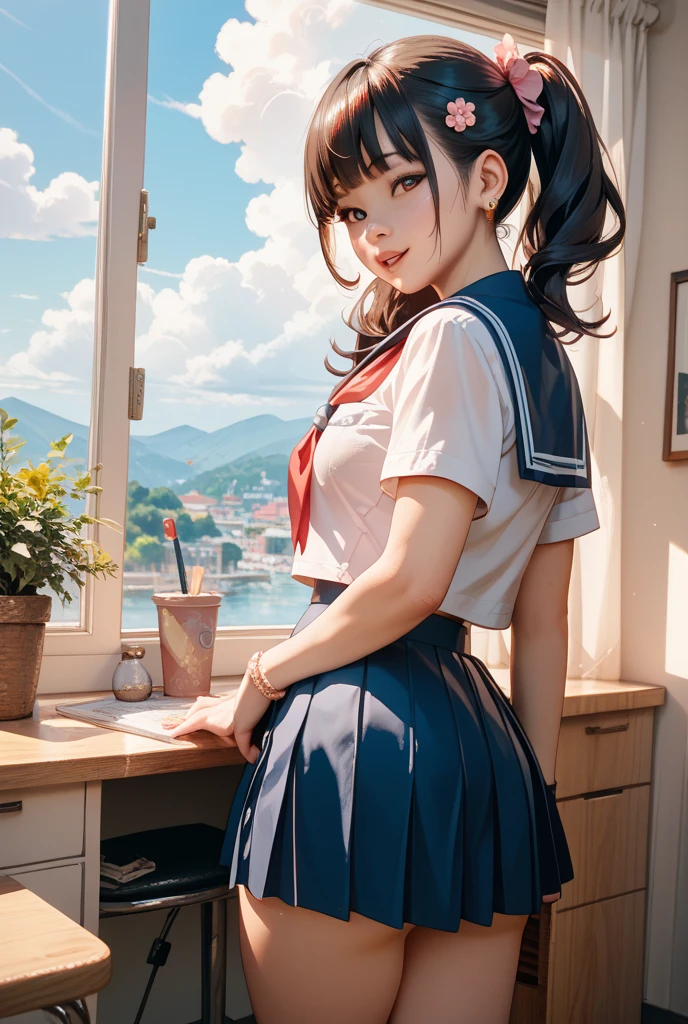 very cute and beautiful girl,(highly detailed beautiful face),serafuku,navy blue pleated mini skirt,dynamic angle, natural lighting, (skirt lift,white panties),(smile:1.2),blush,looking at viewer,black hair,low ponytail, european antique hotel,corridor,wooden stairs, (best quality,masterpiece:1.2),absurdres,highres,ultra-detailed,extremely detailed,32k,8k resolution, intricate details,cinematic scene,detailed background,solo,hair fluttering in the wind,beautiful detailed sky,perfect hands,