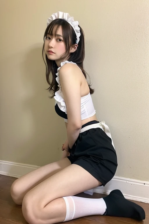 There is a woman taking a picture in a sexy dress, Lower body nude,Thighs、White wall、