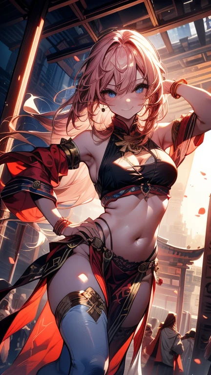 Japanesse beautifull girl, pink & brown hair add high definition_detail:1, kitsune ears, tribal tattoo add_detail:1, in hell add_detail, barefoot, city night landscape add_detail:1 ,blue saturation light, ( black blouse navel, black navel skirt))