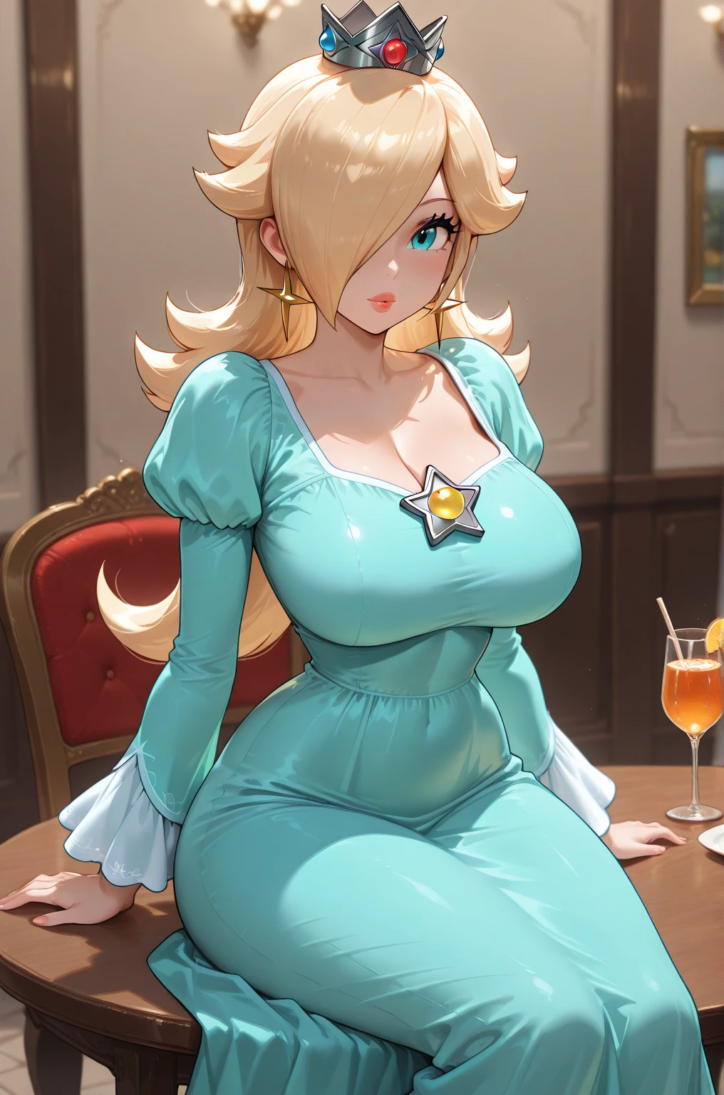 ((Princess Rosalina from super mario bros series))(she has big glowing blue eyes)(bright red lips) ((long blonde hair))(((long bangs hide one eye)))(dark eyeshadows make up)((very huge breasts)) (perfect slim body) ((wear aquamarine dress, gold crown)) (crown) ((posing sexy in cosmic castle)) (masterpiece, high definition, volumetric lights and dinamic shadows)((masterpiece))(8k)(perfect face)(ultra details) (perfect hands, eyes, and face) (luma star flying around), (((gigantic breasts))), (((raised breasts)))