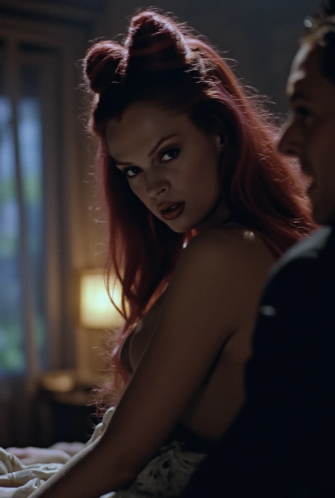 Donna con capelli rossi, green eyes wearing lingerie, black stockings and high heels crawls in a large room with a throne