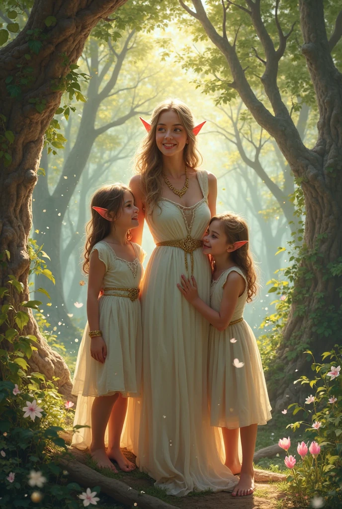 (Masterpiece) 8K resolution, mother holding baby, father cuddling, blonde long hair, green gentle eyes, fantasy style,