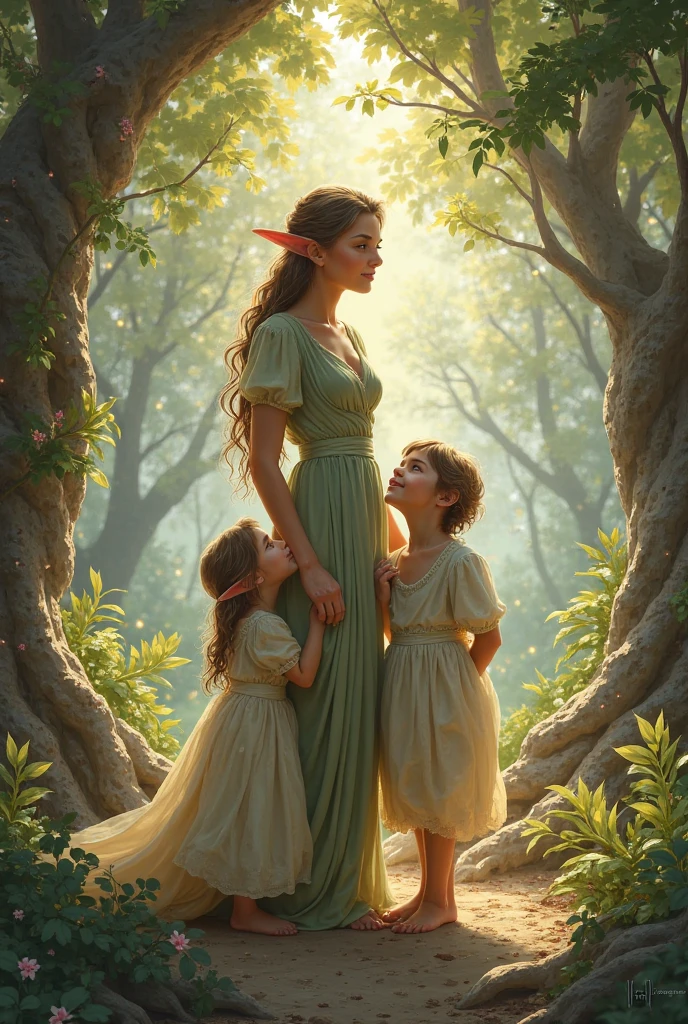 (Masterpiece) 8K resolution, mother holding baby, father cuddling, blonde long hair, green gentle eyes, fantasy style,
