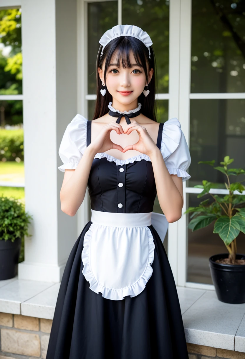 table top, highest quality, one girl, (beautiful girl:1.3), (16 years old:1.2), extremely fine-grained clarity, (symmetrical eyes:1.3), (maid costume, Cute Maid, Moe maid:1.2), brown eyes, parted bangs, brown hair、smile