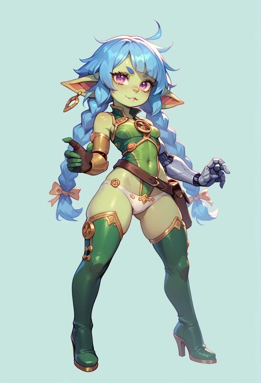 One small female greenish yellow goblin. Outwardly pointed ears Blue gray eyes. Long straight dark blue hair. Dark tribal hide outfit. Dark tan hide crop top. Dark tan hide thigh split long skirt. Teal blue tribal body paint. Long greenish yellow goblin tail with dark blue tuff at the end. Alchemist. Cute. Spooky. One character. Only one character. Only one goblin. Greenish yellow skin. Is goblin. Goblin.