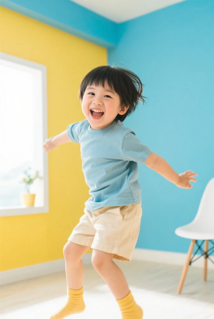An Asian boy,in living room,Have fun