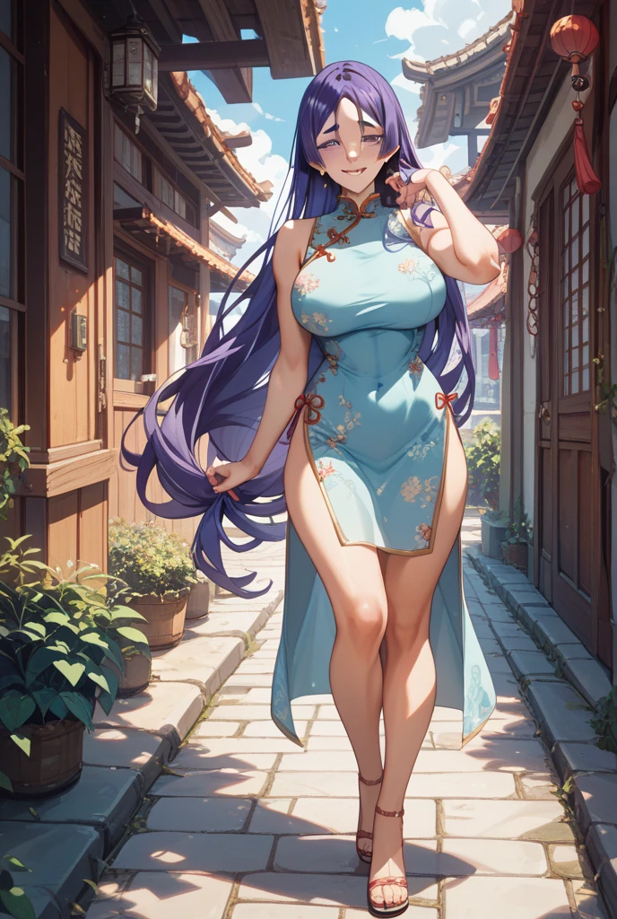 8k photo of a stunning woman with purple hair, full body wearing a disco dress, looking at the camera, in a bustling night, light reflections, highly detailed, studio ghibli, akira toriyama, james gilleard, genshin impact, trending pixiv fanbox, spatula acrylic, 4k, night vibrant colors.