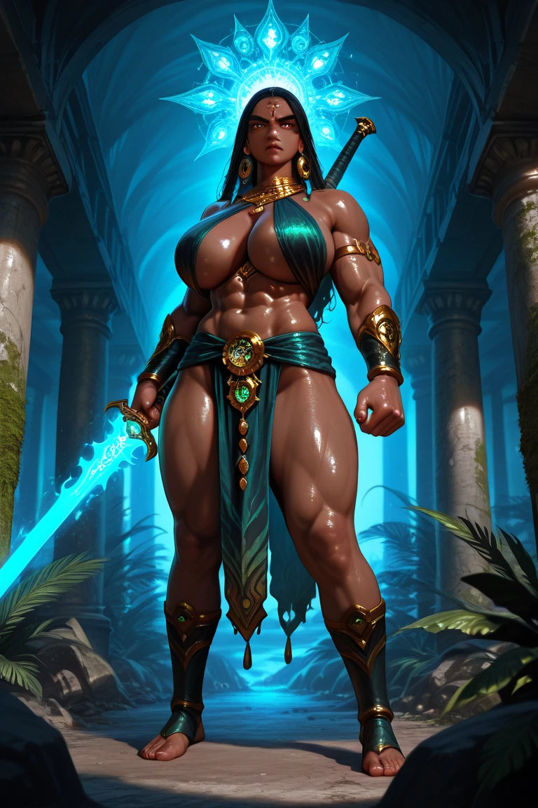 (masterpiece, realistic, best quality, perfect face, (beautiful and aesthetic:1.4), highest detailed face), ((gorgeous gorgeous dark elf female warrior (yellow eyes:1.2), (dark skin:1.4), (flawless dark brown skin:1.4), shapely butt, wide hips, thick thighs, (curly dark red hair:1.3), (braided ponytail hair:1.2), fake breasts, (narrow waist:1.2))), pointy ears, (cleavage:1.2), ((skimpy dark attire)), beautiful detailed eyes, (stockings:1.2), (dark red theme:1.2), (wields magic sword:1.2), (extremely detailed weapon)), ((magic aura swirling around:1.3), curvy body type, looking at the viewer, full body shot, (sexy pose:1.3), (detailed dark fantasy background, in dark location), (dimly lit), (solo:1.4), (full shot), (elegant, intricate, digital photography, high quality, 4k, extremely detailed, sharp, HDR),