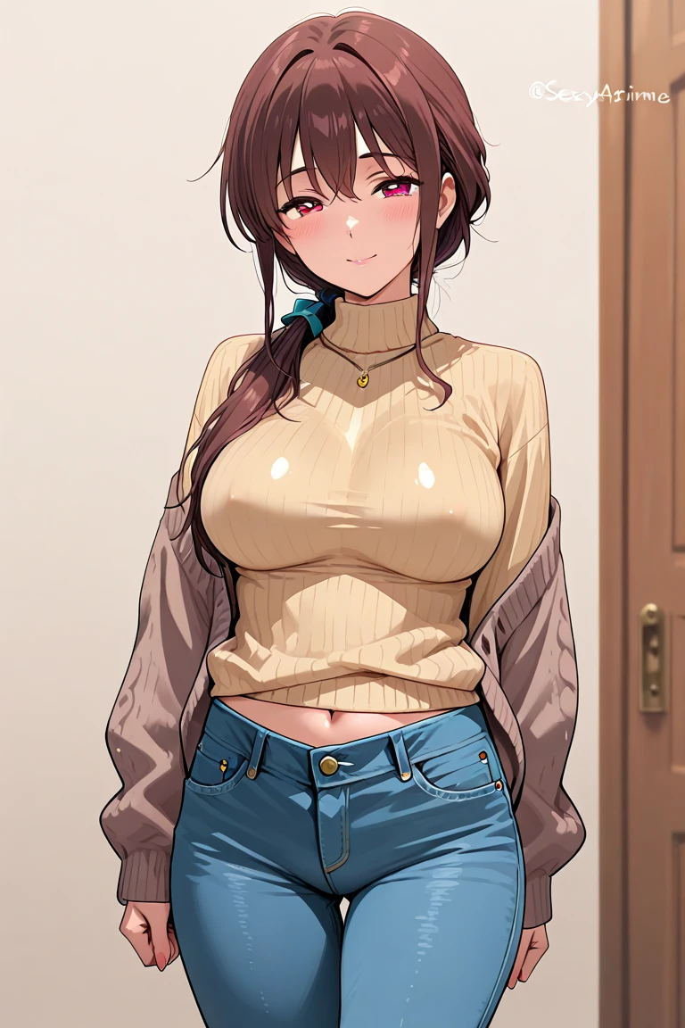 (Tabletop, highest quality, High resolution, , Pixel perfect, 4K,), 1 girl, single, alone, Beautiful woman、I could see the whole body、 ((Wavy mid-hair, bangs, Brown Hair)), ((Brown eyes, Beautiful eyelashes, Realistic eyes)), ((Detailed face, blush:1.2)), ((Smooth texture:0.75, Realistic texture:0.65, Realistic:1.1, Anime CG Style)), Medium chest, Dynamic Angle, Perfect body, ((No bra, Beige off-the-shoulder sweater、Tight denim skirt、Black Stockings、Cute Necklace、Earrings、Nipples are slightly visible)), Looking up、A shy smile、Her dorm room、Lying in bed、Angle from below、Cross your arms to highlight your cleavage、、((Pink lace panties are visible))、