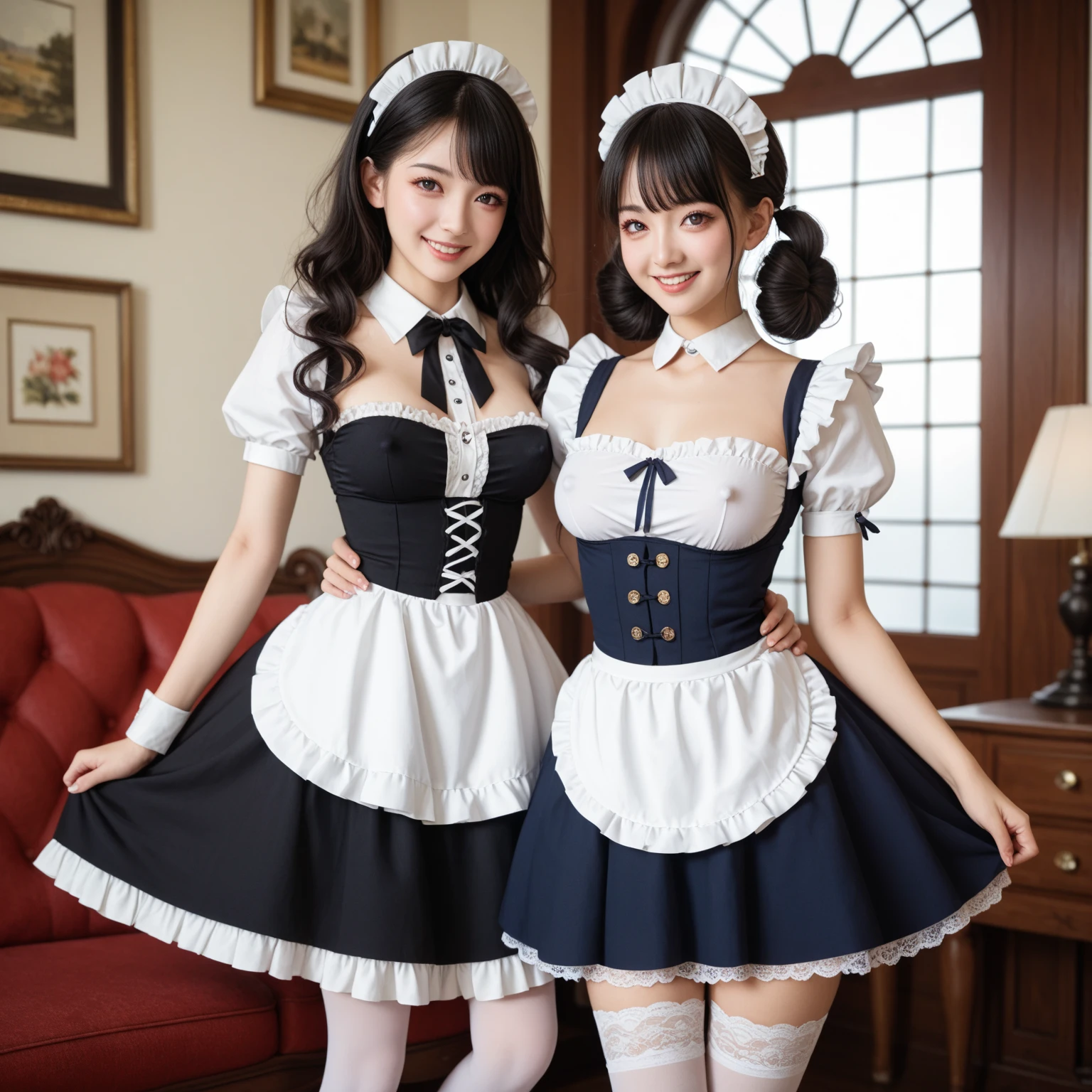 Highest quality、masterpiece、8k、Very detailed、Realistic、(One girl)、(Early teens)、(Young face)、(Primary school students)、(Looking at me with a smile:1.5)、whole body、(Black Hair)、Small face、(Slender:1.2)、(Big Breasts:1.2)、(White frilly shirt with buttons and collar:1.2)、(Black short ruffled skirt:1.2)、(Black thigh-high socks)、(Black garter belt)