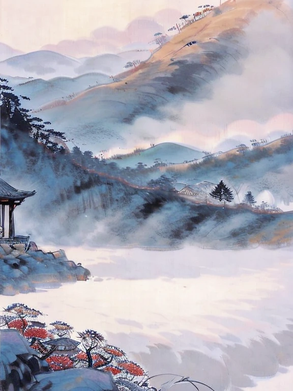 There was a man on the boat fishing on the river，nevando，((White snow))，snowfield，((snow landscape))，The background is mountains,（ Chinese painting style）, Traditional Chinese painting, （Chinese style painting），（ink wash style）），Chinese landscape,Wearing a cloak，Wear a gown
