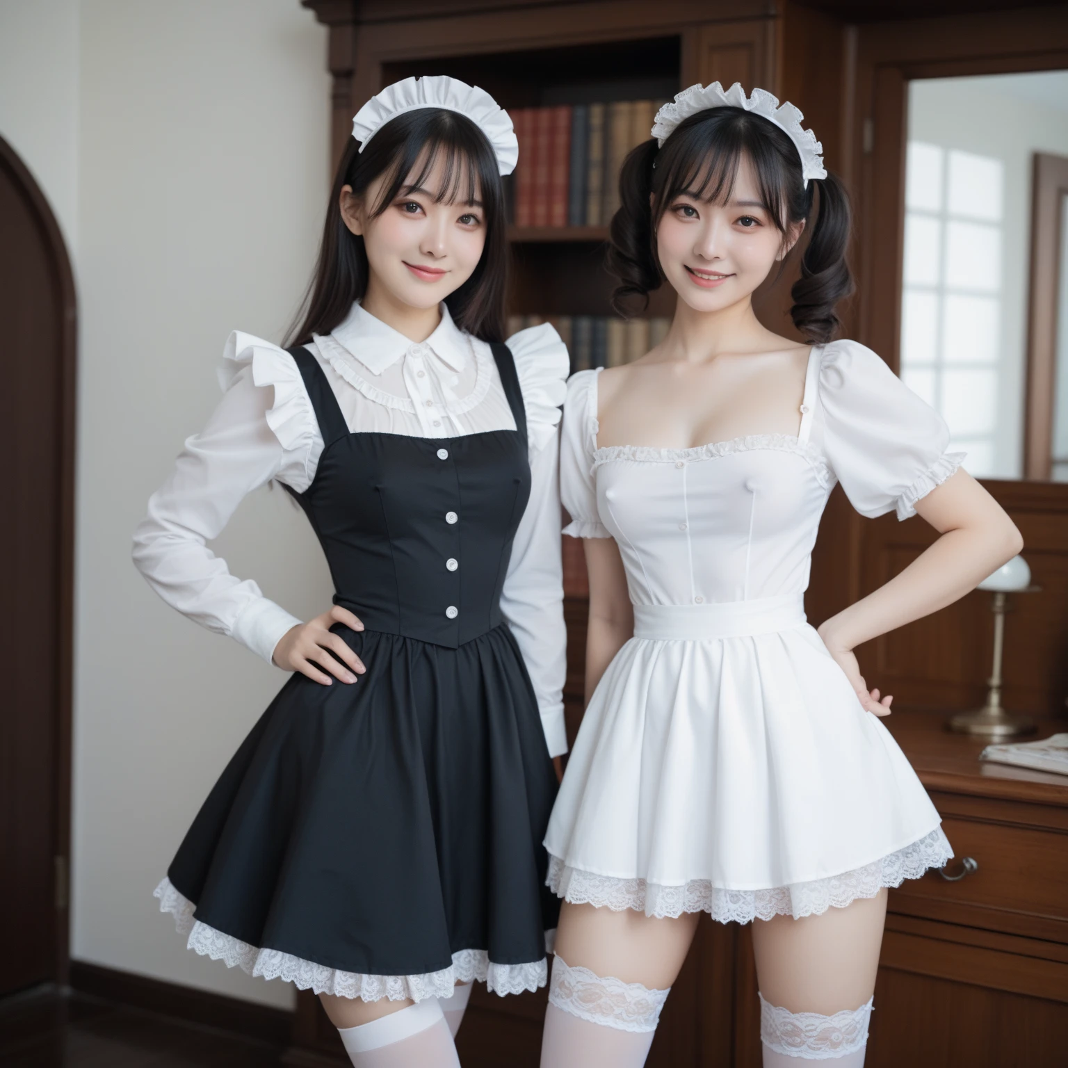 ((masterpiece)), ((highest quality、Ultra high definition)), (Very detailed),8K、(Photo quality)、(((Amazingly cute girl))), 16-year-old girl, (Beautiful sapphire blue eyes), White skin、Glossy lips、In the spacious lobby of a huge, ultra-luxurious resort hotel, Beautifully arranged black hair in twin tails、Lace fabric ribbon、whole body、(Slim figure)、((Super high-end white see-through summer gothic lolita maid costume、A super mini skirt with lots of frills))、Professional Lighting、(White lace knee-highore detailed and beautiful)、(More details and cutenesore realistic)、(((Ultimate cuteness in every way)))、