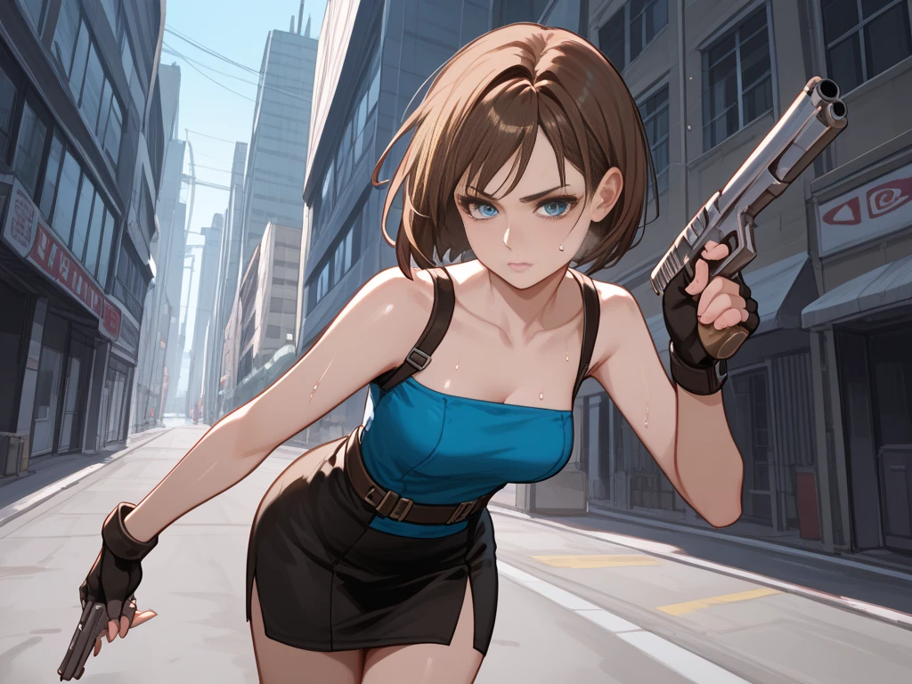 uma mulher com uma blusa roxa segurando uma arma e usando luvas, girl with gun in hands, glamorosa Jill Valentine, protagonista feminina 👀 :8, Gun in hand, a pistol in hand, segurando uma arma, Yayoi Kasuma, Lagoa Negra Revy, revy da lagoa negra, personagem feminina de anime, female action anime girl, fujita goro!, inspirado em Ayami Kojima, Kusanagi, protagonista feminina, pose de tiro, fanart de alta qualidade