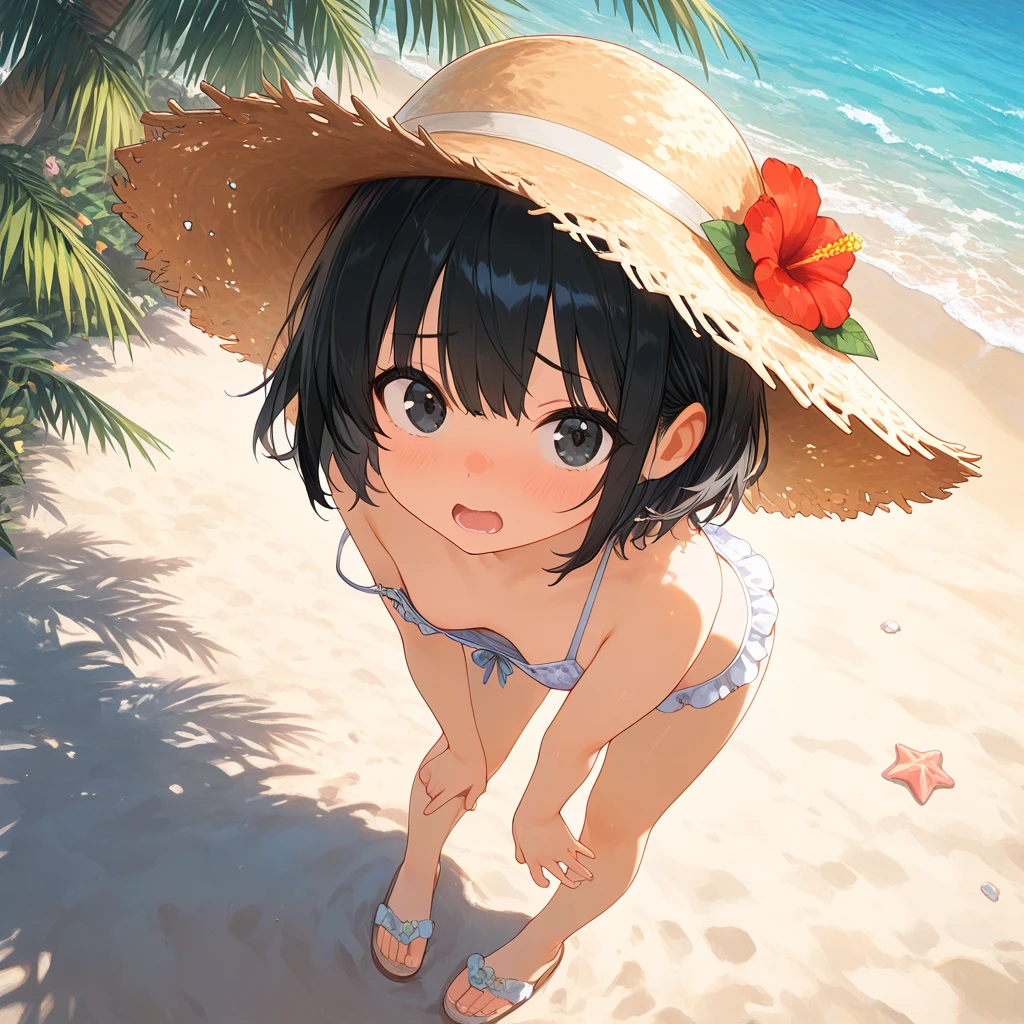 masterpiece, best quality, ultra detail, dynamic lighting, I want correct anatomy, ( girl), (small breasts), short brown hair, purple eyes, (outfit cowprint bikini), straw hat on head, open mouth, shy, blush, viewer's view from below, thighs, detailed hands, detailed background, beach background, only naked bikini, (nsfw), more details, details the fingers, focus on straightening your fingers