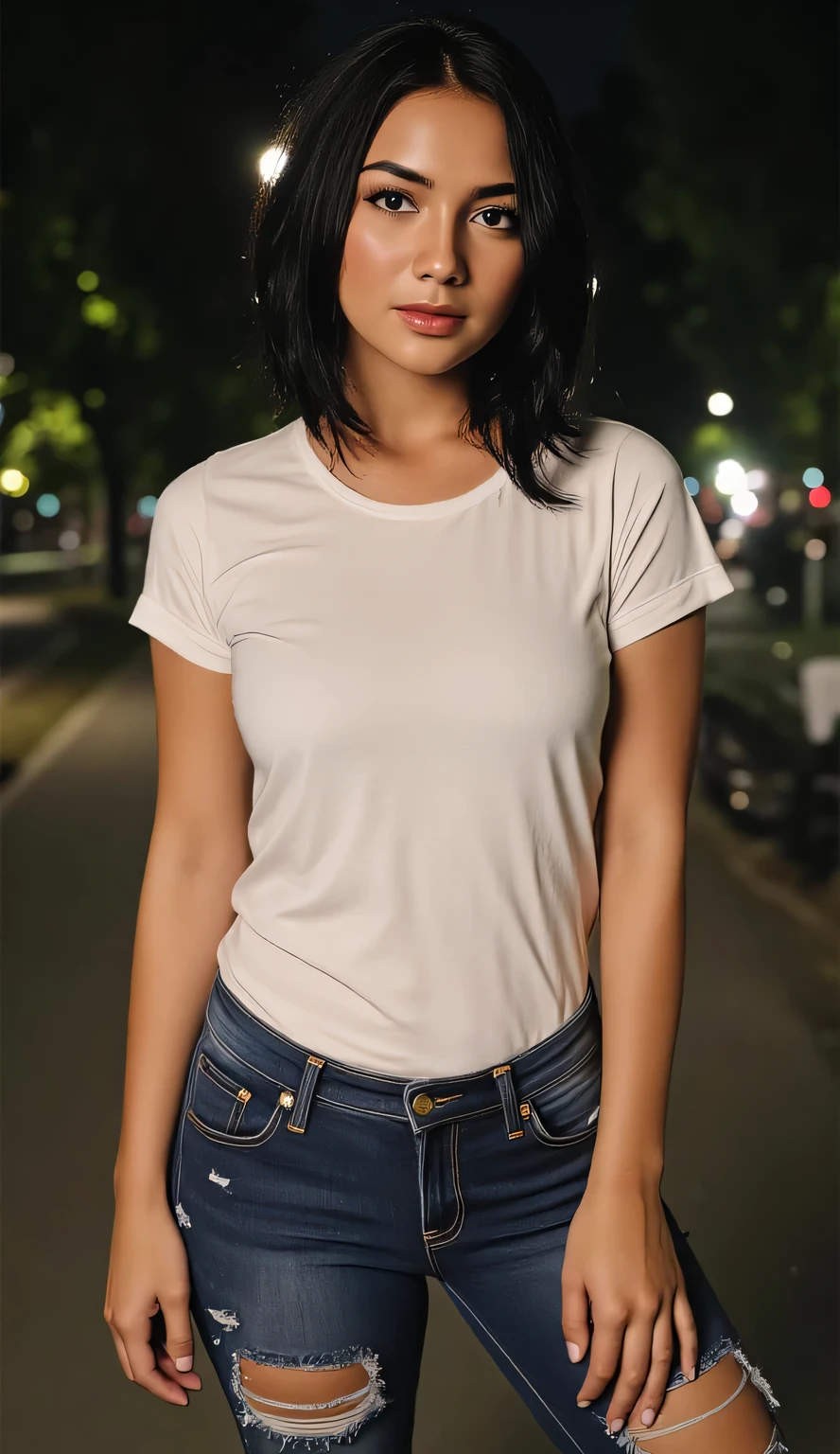 A hot woman, long legs, short hair, braless, plump body, fake breasts, ((casual white tight shirt with rounded-neck short-sleeve), (ripped skinny jeans)), high heels, stilettos, detailed eyes, detailed face, front view, (night at the central park, dynamic angle, dynamic lighting). Seductive look, sexy pose