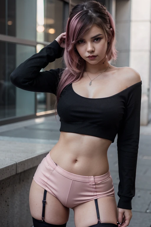 girl, , short shoulder-length hair, pink hair color, green shorts, black top