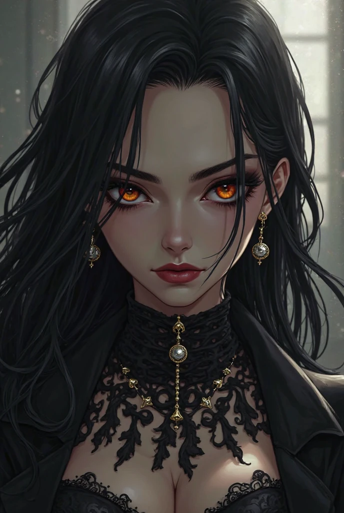 expressionless sad sad girl dark atmosphere veil black hair yellow eyes pale skin muscular girl large breasts traditional clothes lace fabric muscular toned body gloomy