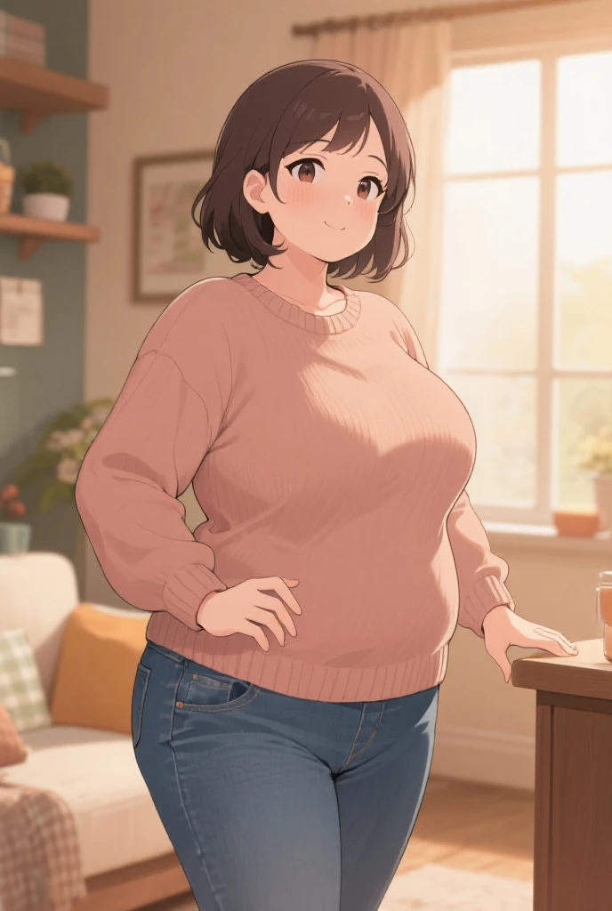 ((best quality)), ((masterpiece)), (detailed), 1 woman, off shoulder sweater,black hair,fat,Fattening,((배가 fat)),((배가 fat)),chubby face